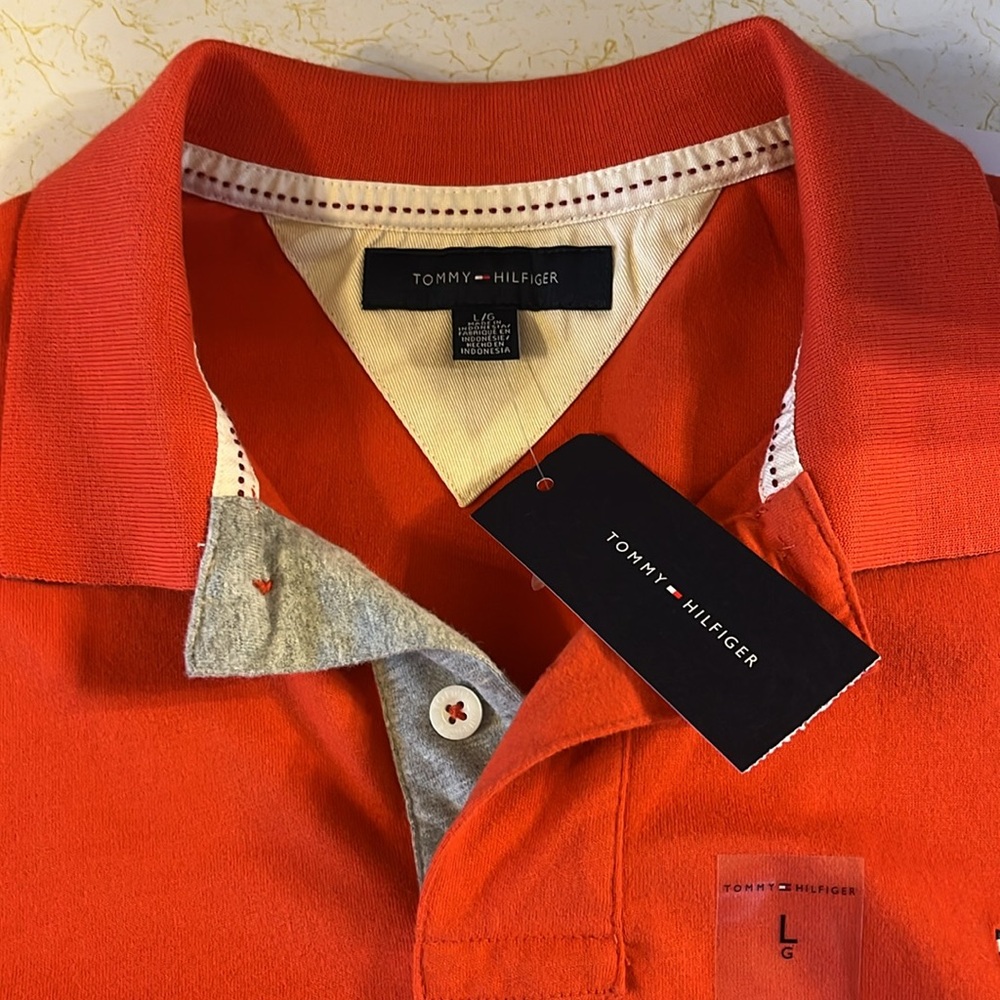 *NWT* Tommy Hilfiger Orange Long Sleeve Polo Logo on Chest Men's Large - Picture 8 of 13